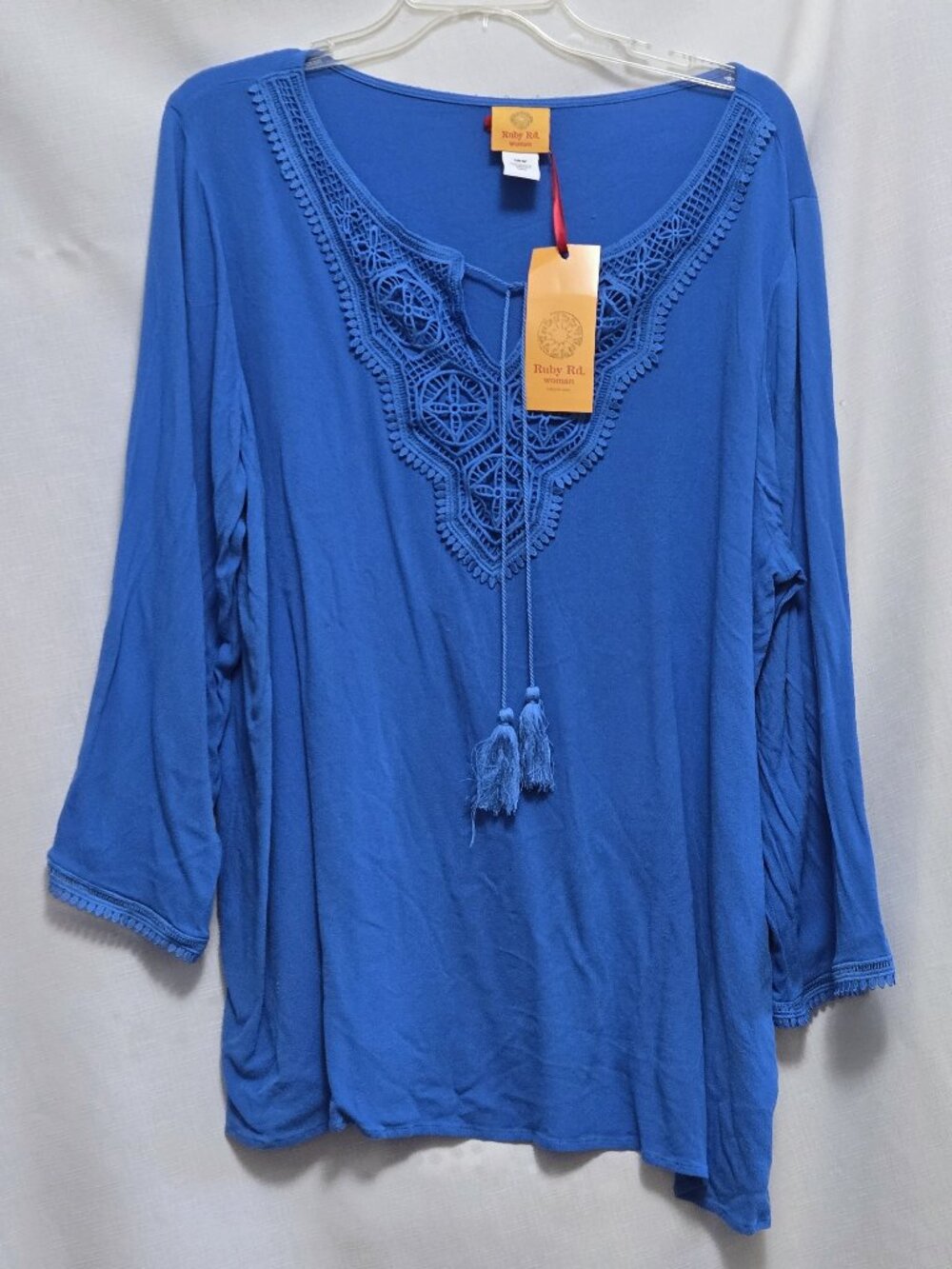 RUBY RD Blue Long Sleeve Tunic Top w/Crochet Accents & Tassels. Women's 18W